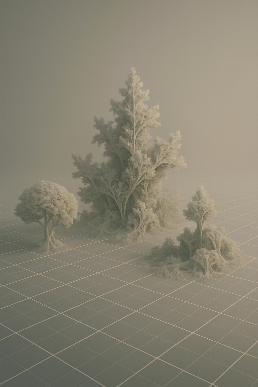 Abstract natural landscape with small trees and a grid pattern, rendered in muted greens and grays.