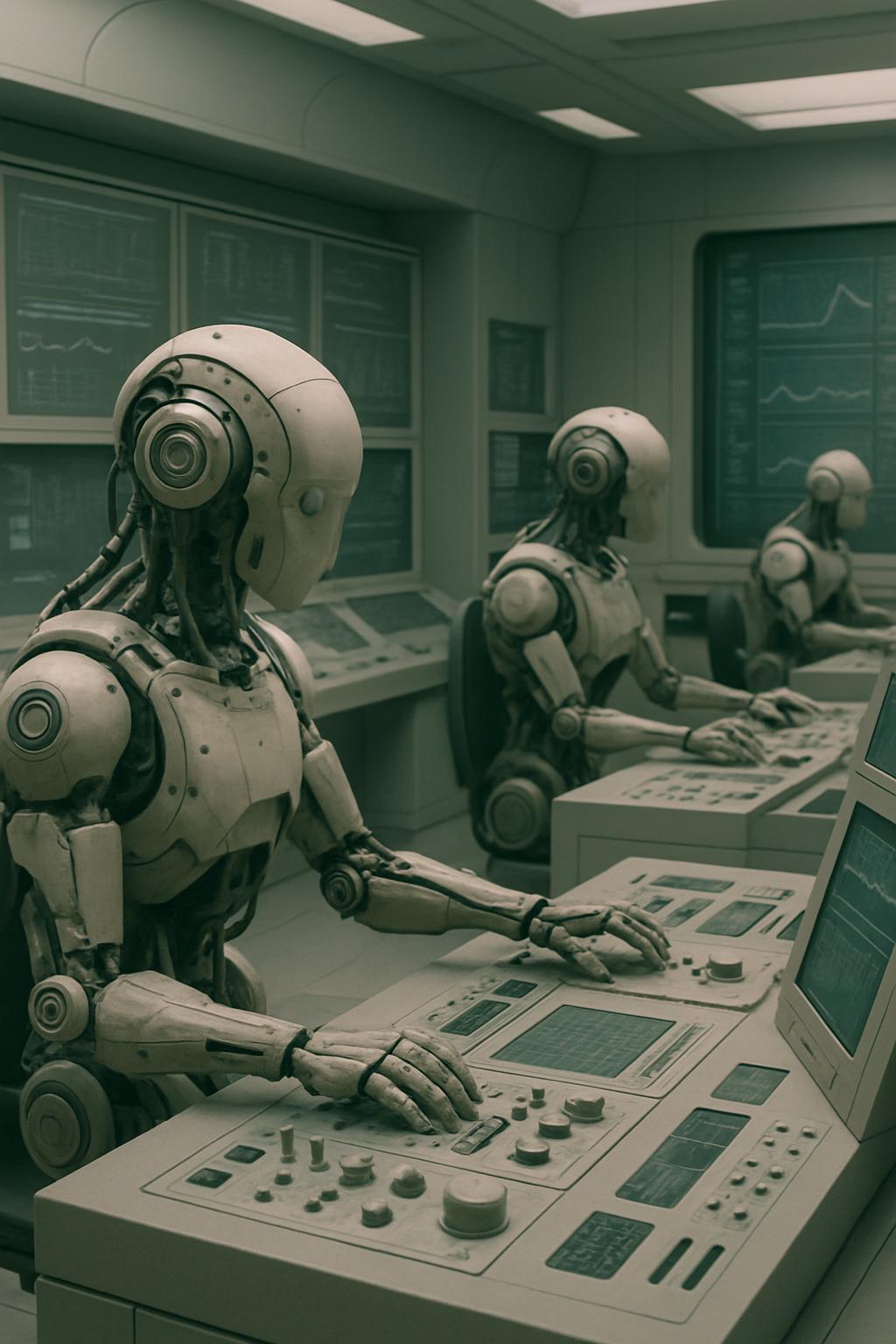 Three robotic figures sit at computer terminals in a dimly lit room, with illuminated screens behind them displaying lines...