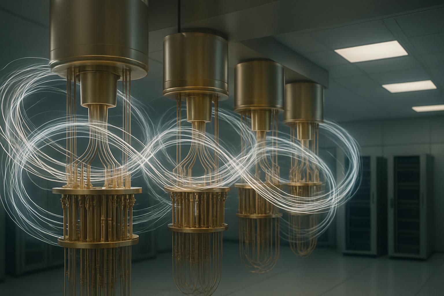 Quantum computers computing in a darkened data center.