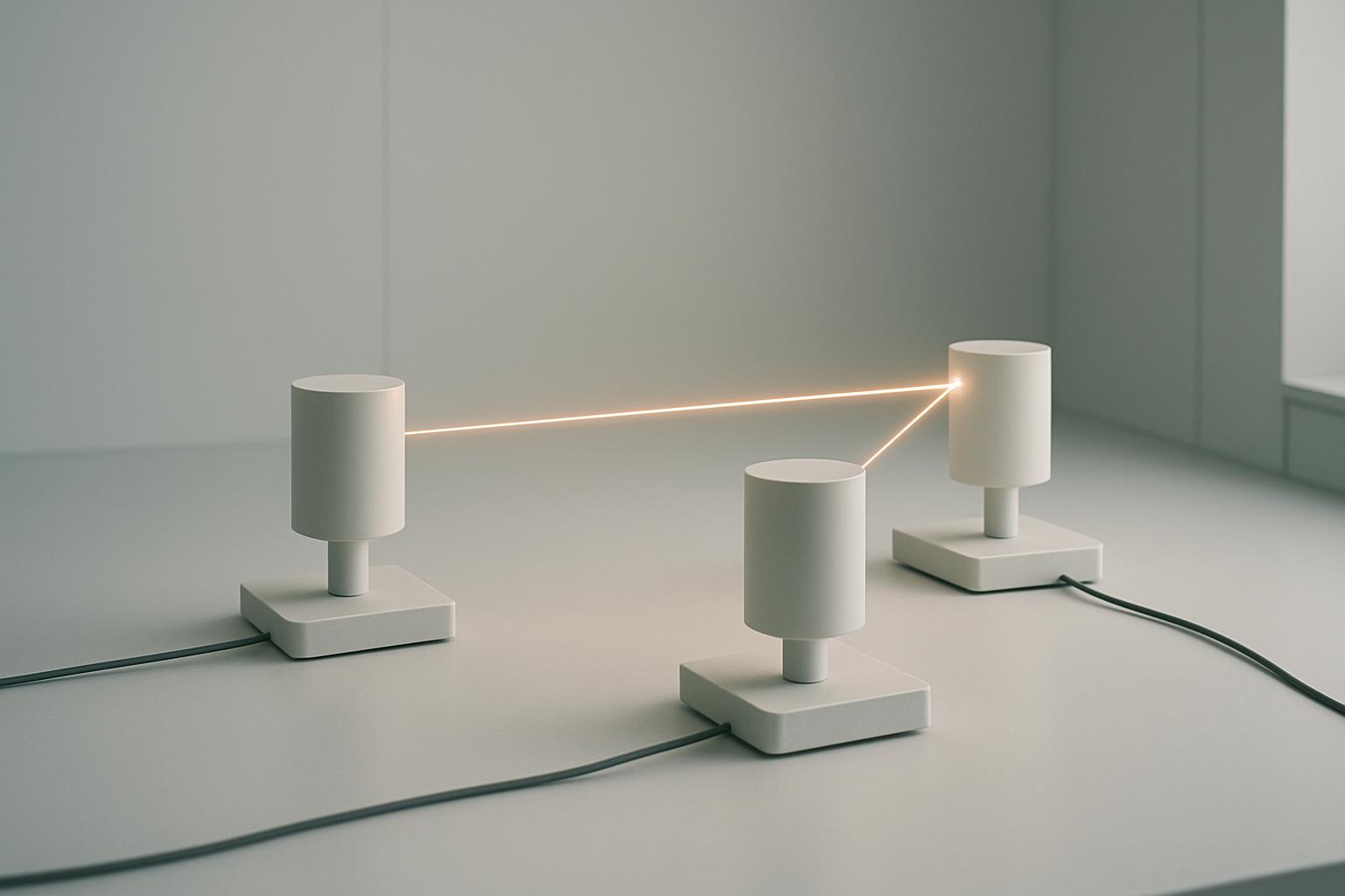 Three white floor lamps are connected in an effusive bond by laser-like cords, set against a gray background.