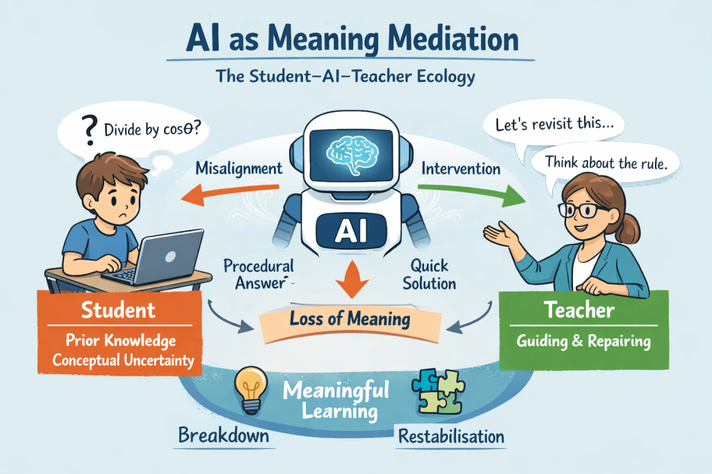 Illustration showing the “Student–AI–Teacher Ecology” in learning mathematics. A student asks a question about dividing by cosθ while interacting with AI. The AI provides a quick procedural solution that risks loss of meaning, while a teacher intervenes to guide understanding and restore conceptual reasoning.