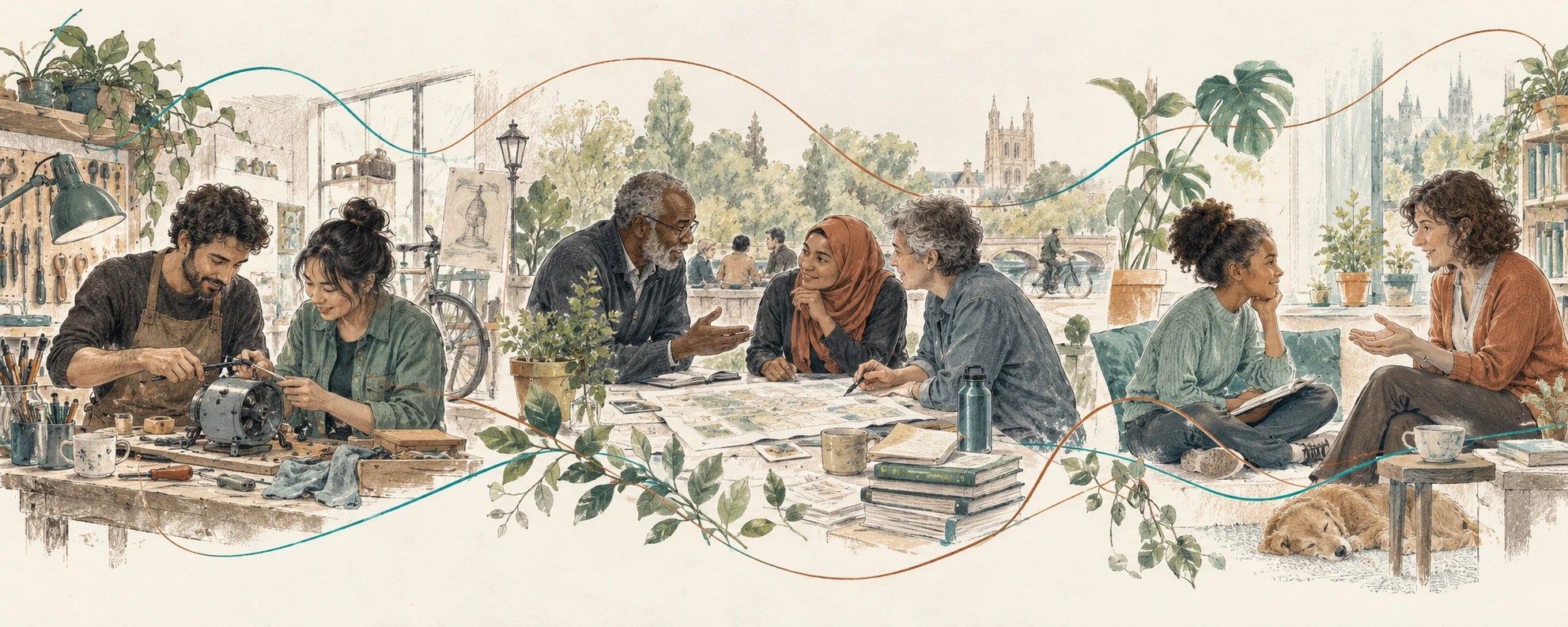 An editorial illustration connects people repairing equipment, discussing community plans and learning together through looping teal and copper threads.