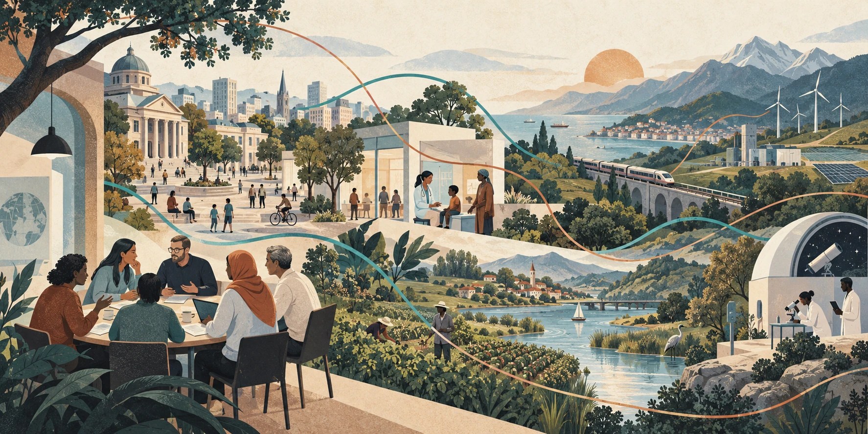 An editorial illustration connects civic life, discussion, healthcare, farming, transport, energy and science across an imagined landscape.